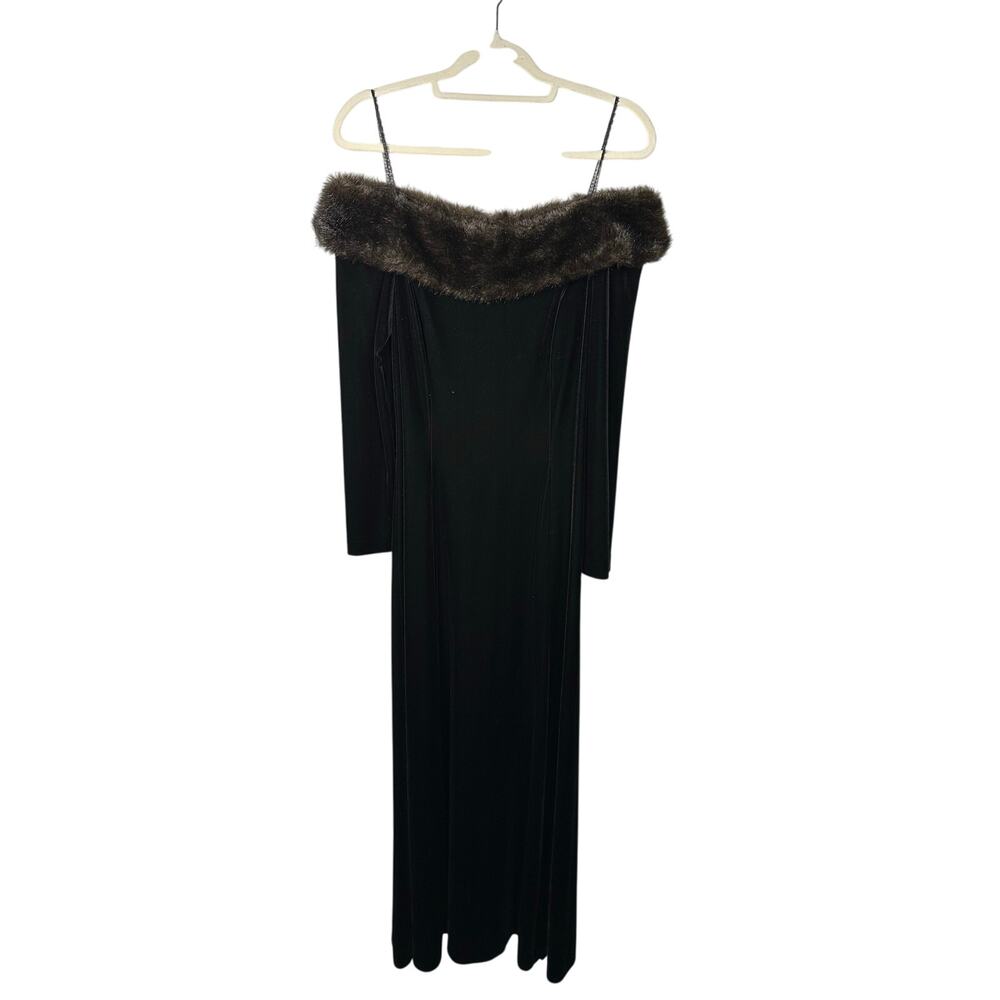 Cachet Vintage 80s Black Velvet Faux Fur Long Sleeve Maxi Dress Women's Medium
